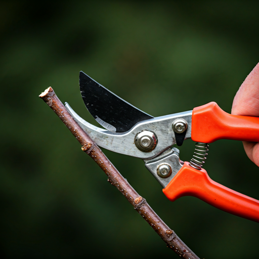 Close up of professional pruning shears cutting a tree branch