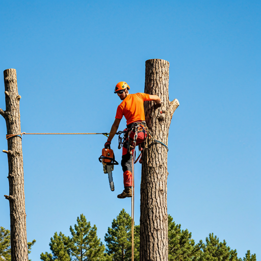 Professional tree climber with chainsaw