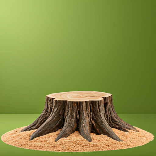 Tree stump in a green field with sawdust around it