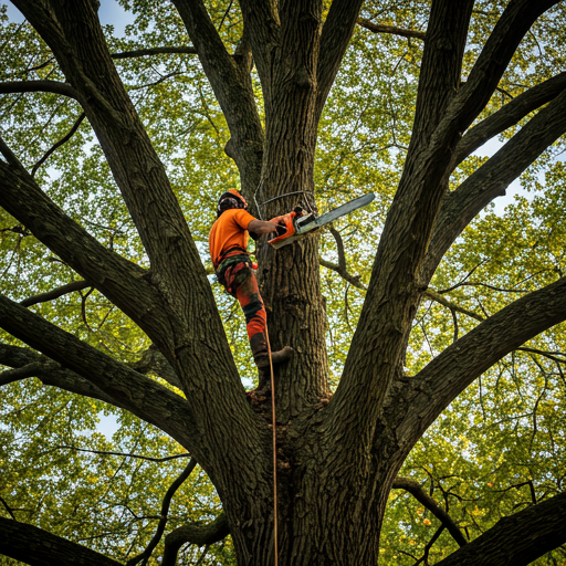 Arborist climbing a large tree with safety gear and chainsaw